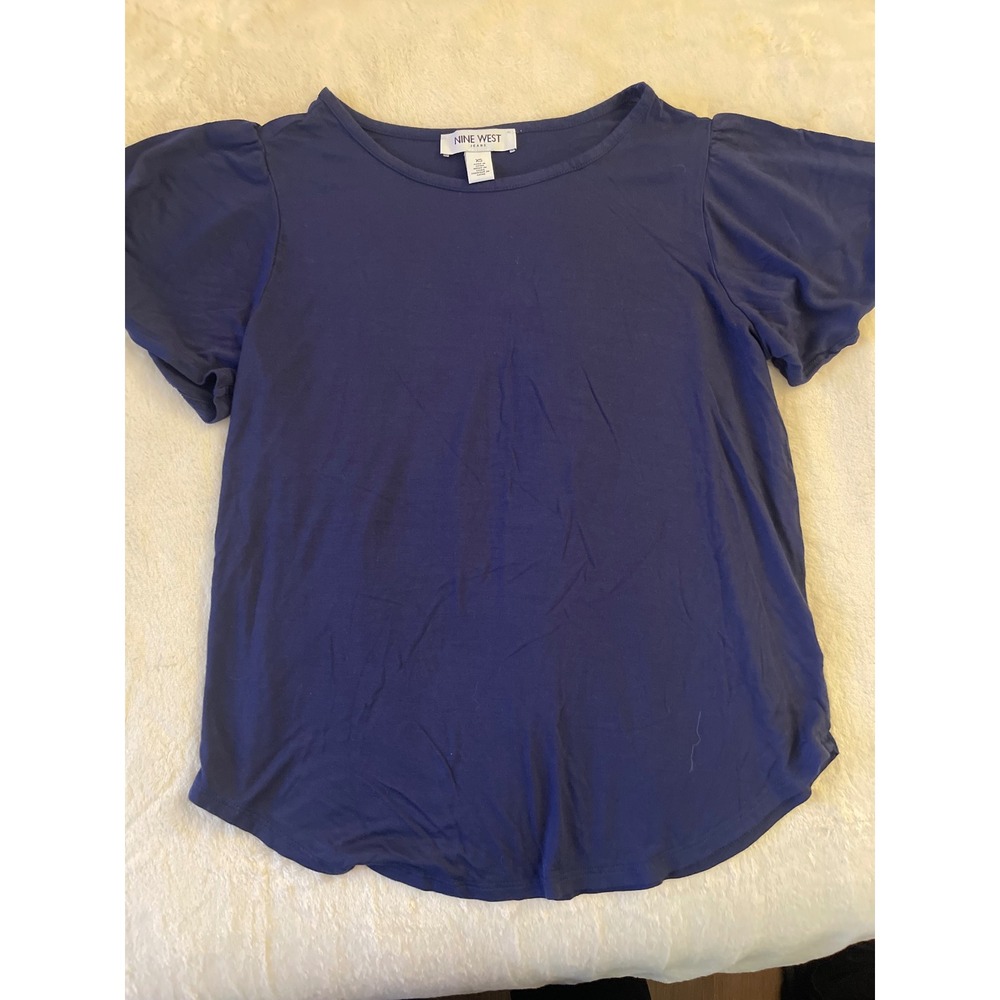 Nine West Jeans Women Navy Blue Flutter Short Sleeve Crew Neck Top XS - Picture 1 of 4